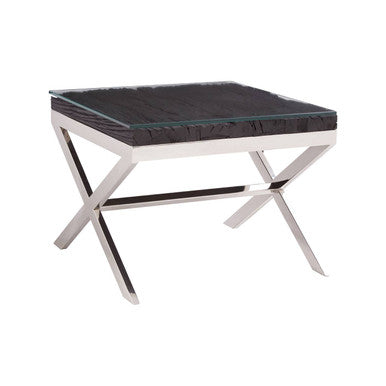 Square Black Wood and Clear Glass Top End Table with Silver Cross Base, Kerala