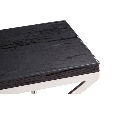 Square Black Wood and Clear Glass Top End Table with Silver Cross Base, Kerala