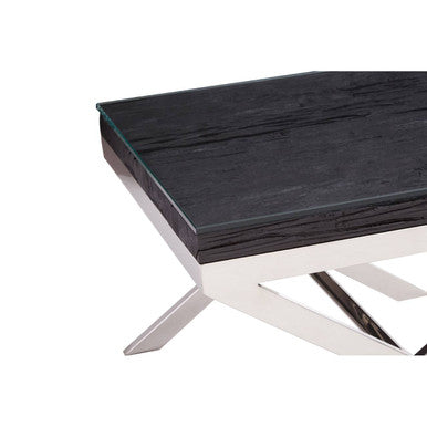 Square Black Wood and Clear Glass Top End Table with Silver Cross Base, Kerala