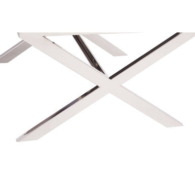 Square Black Wood and Clear Glass Top End Table with Silver Cross Base, Kerala