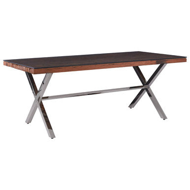 Square Natural Wood and Clear Glass Top Dining Table with Grey Cross Base, Kerala