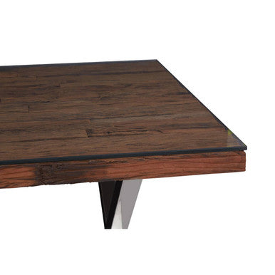 Square Natural Wood and Clear Glass Top Dining Table with Grey Cross Base, Kerala