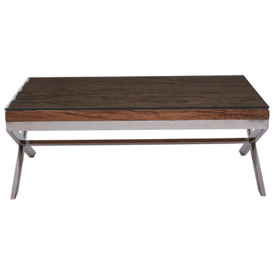 Square Natural Wood and Clear Glass Top Coffee Table with Silver Cross Base, Kerala