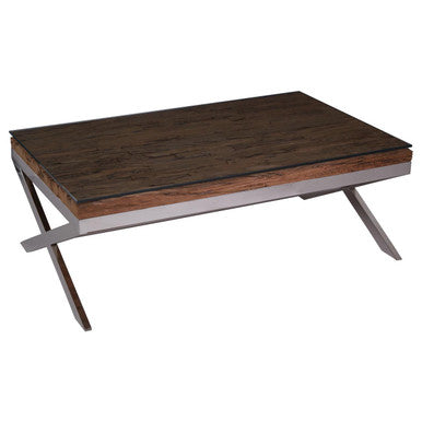 Square Natural Wood and Clear Glass Top Coffee Table with Silver Cross Base, Kerala