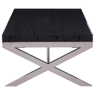 Square Black Wood and Clear Glass Top Coffee Table with Silver Cross Base, Kerala
