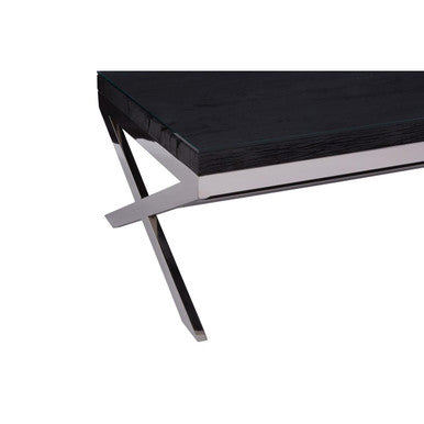 Square Black Wood and Clear Glass Top Coffee Table with Silver Cross Base, Kerala