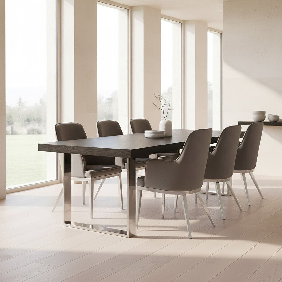 Rectangular Wooden Dining Table with Silver Finish Frame, Ulmus