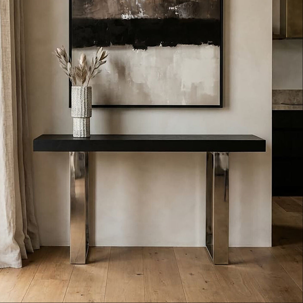 Natural Elm Wood Console Table with Silver Finish Frame, Ulmus