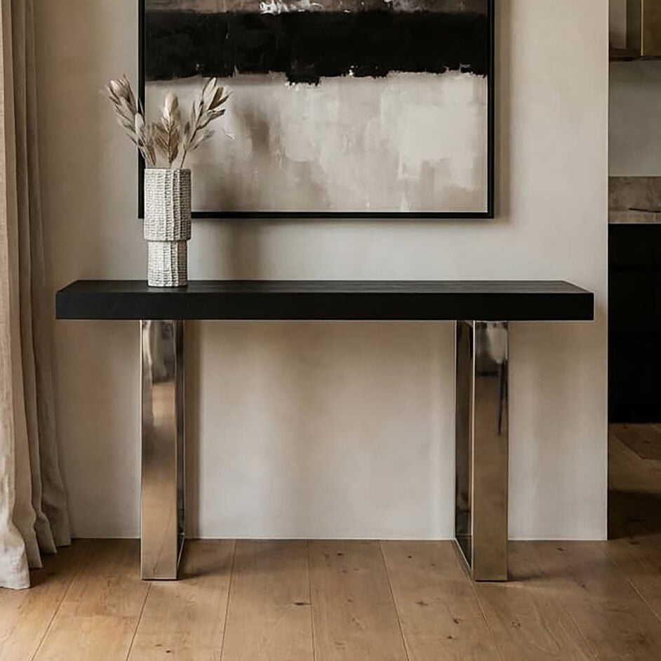 Black Wood and Clear Glass Top Console Table with Silver Crossed Legs, Kerala