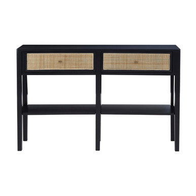Black Console Table with Sturdy Frame and 2 Rattan-Front Drawers, Corso