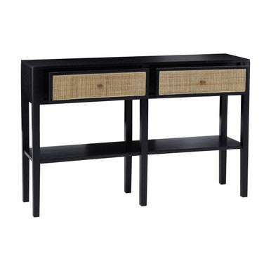 Black Console Table with Sturdy Frame and 2 Rattan-Front Drawers, Corso