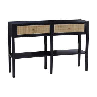 Black Console Table with Sturdy Frame and 2 Rattan-Front Drawers, Corso