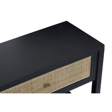 Black Console Table with Sturdy Frame and 2 Rattan-Front Drawers, Corso