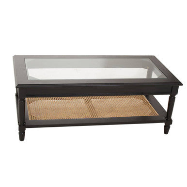 Black Finish Clear Glass Top Coffee Table with Natural Rattan Woven Shelf, Corso