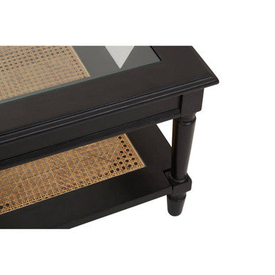Black Finish Clear Glass Top Coffee Table with Natural Rattan Woven Shelf, Corso