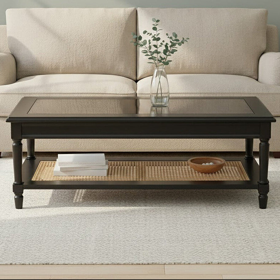 Black Finish Clear Glass Top Coffee Table with Natural Rattan Woven Shelf, Corso