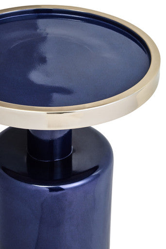 Gold and Navy Art Deco Pillar Metal Side Table with Base, Elva