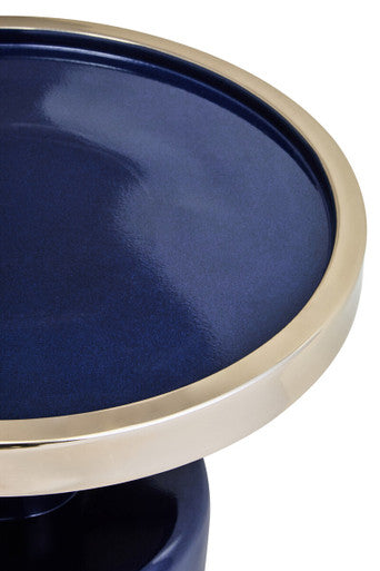 Gold and Navy Art Deco Pillar Metal Side Table with Base, Elva