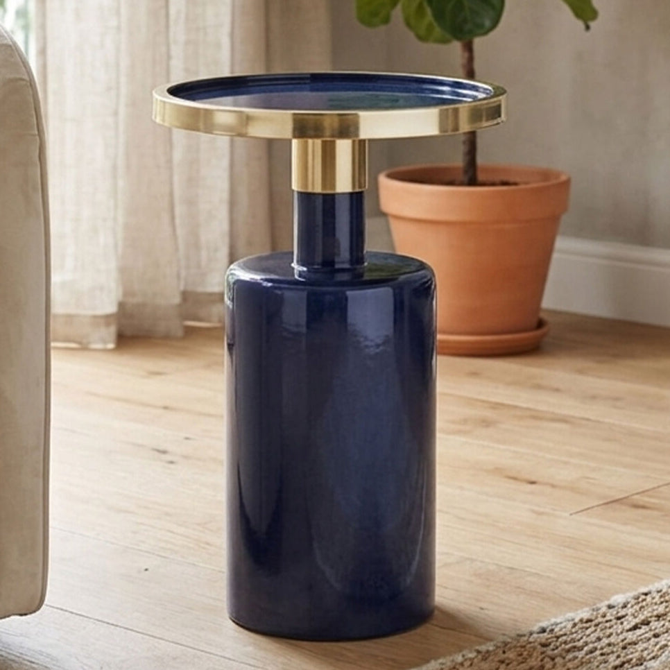 Gold and Navy Art Deco Pillar Metal Side Table with Base, Elva