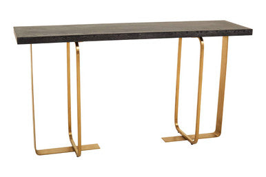 Black and Grey Rectangular Console Table with Brushed Gold Angular Base, Lena
