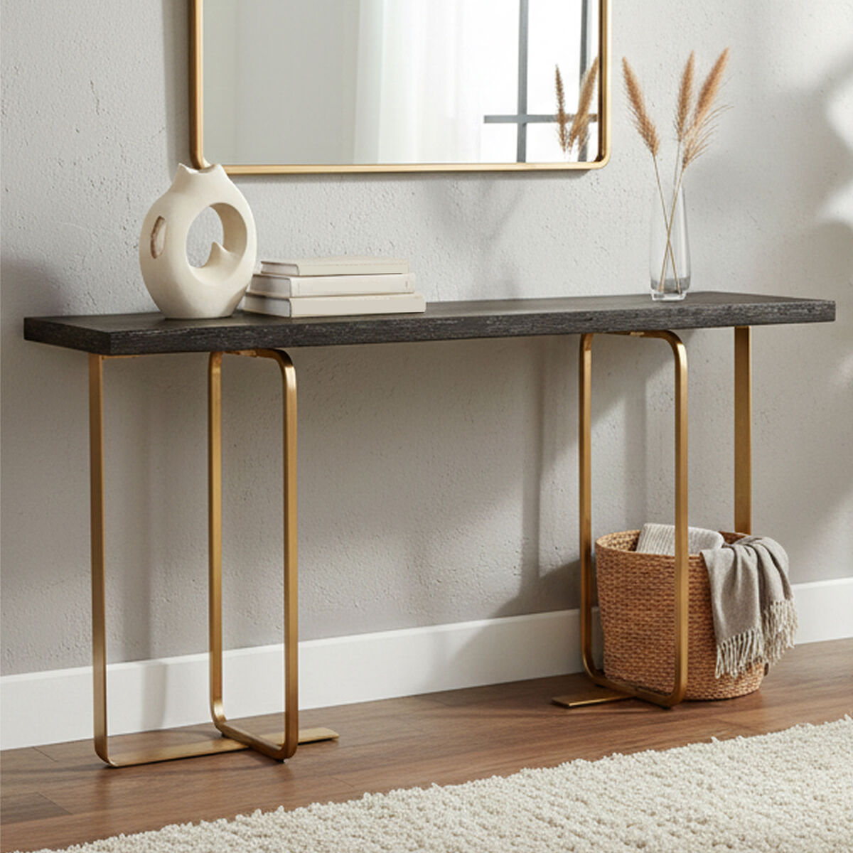 Black and Grey Rectangular Console Table with Brushed Gold Angular Base, Lena