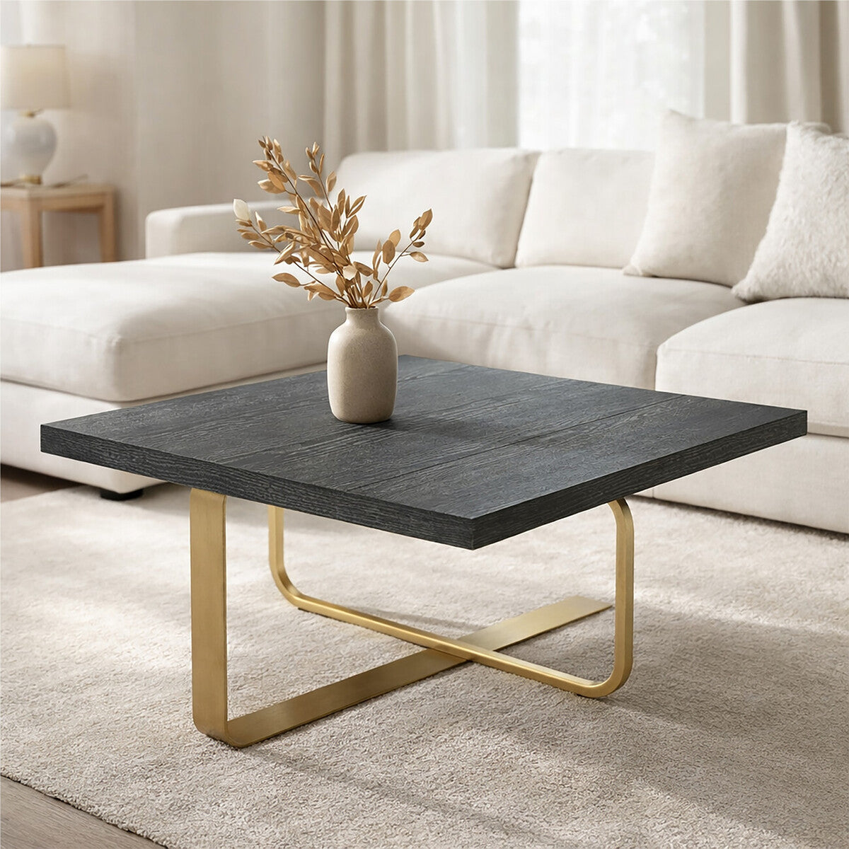 Black and Grey Square Coffee Table with Brushed Gold Base, Lena