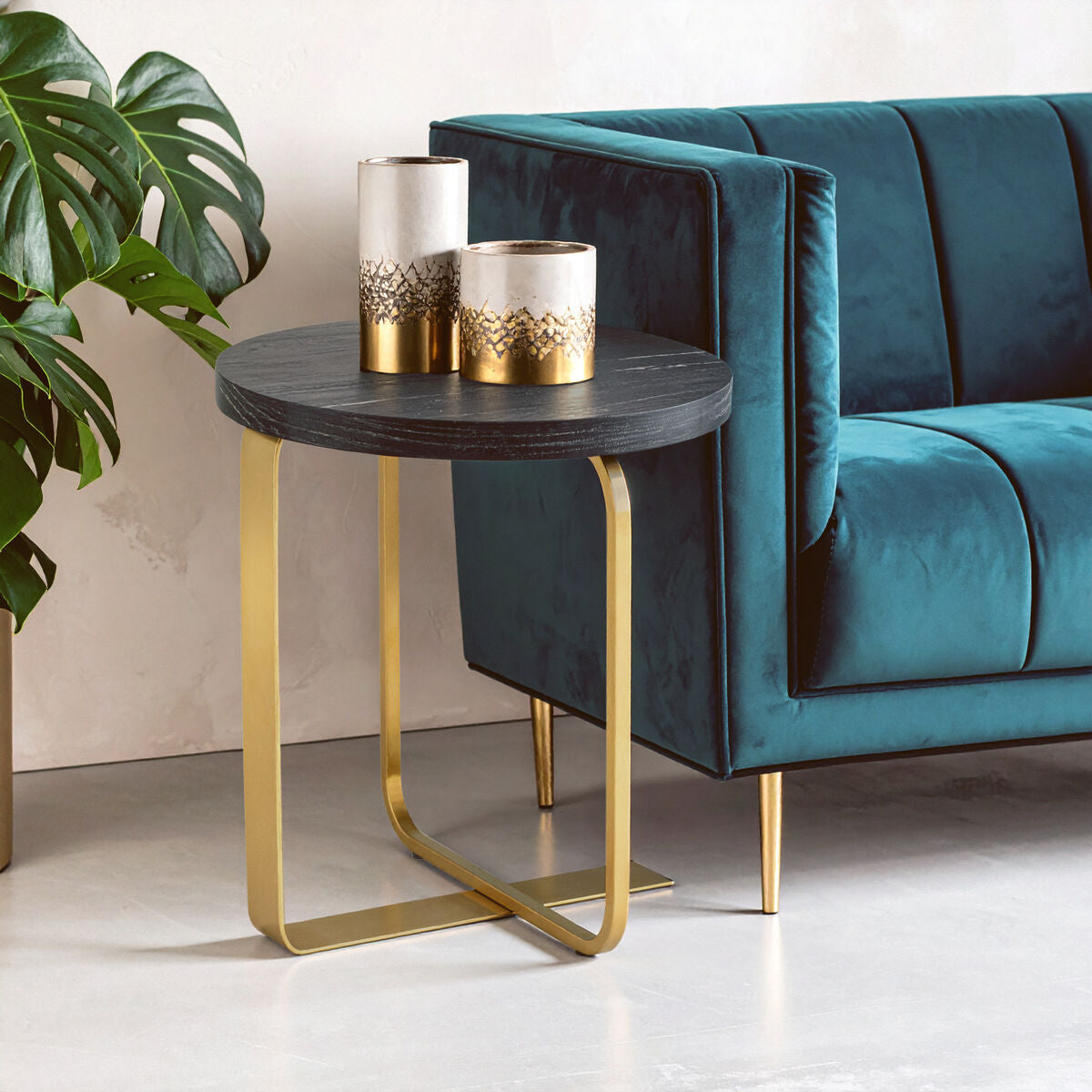 Oak Veneer Round Side Table with Gold Warm Metallic Frame, Lena