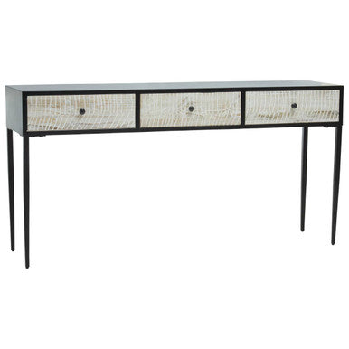Black and Grey Textured Pine Wood Console Table with 3 White Storage Drawers, Luxor
