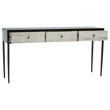 Black and Grey Textured Pine Wood Console Table with 3 White Storage Drawers, Luxor