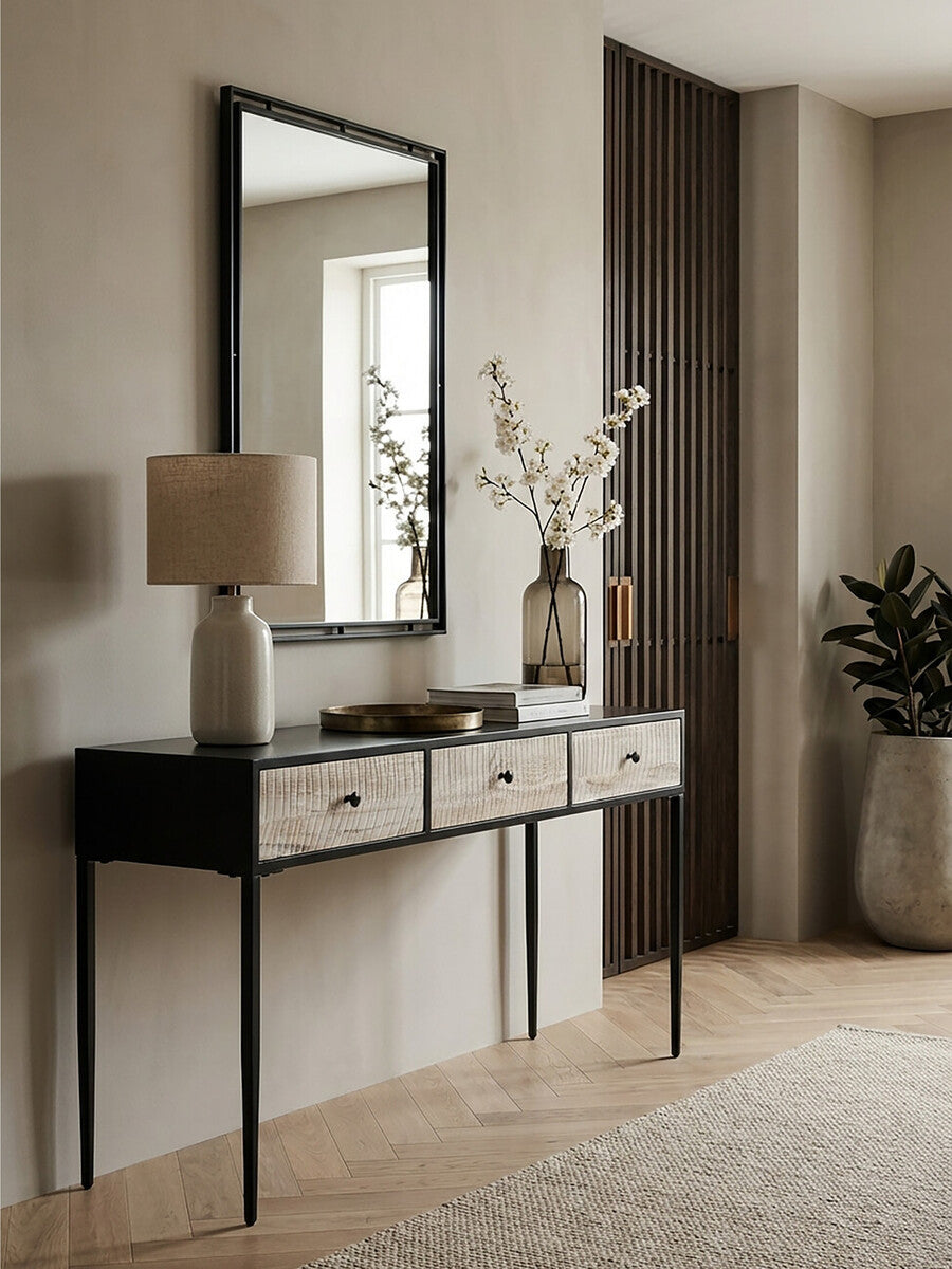 Black and Grey Textured Pine Wood Console Table with 3 White Storage Drawers, Luxor