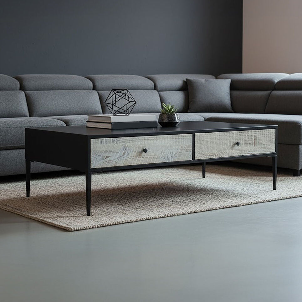 Recycled Pine Wood Grey and White Rectangular Coffee Table with Drawers, Luxor