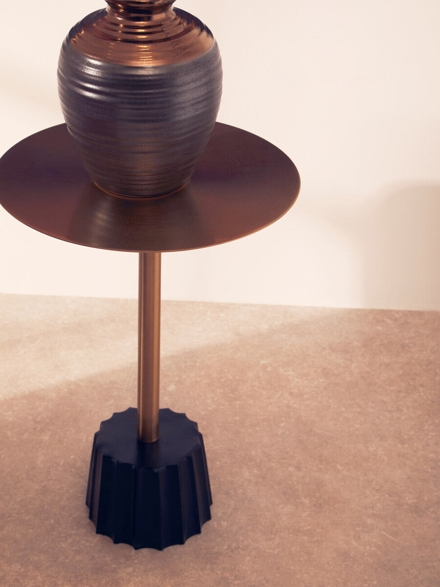 Round Gold Iron Side Table with Black Fluted Base, Corra
