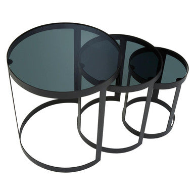 Set of 3 Black Glass Top and Metallic Base Nesting Tables, Corra