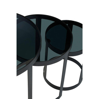 Set of 3 Black Glass Top and Metallic Base Nesting Tables, Corra