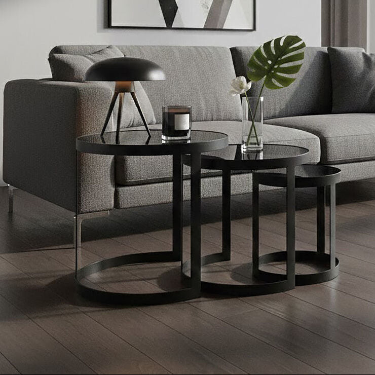 Set of 3 Black Glass Top and Metallic Base Nesting Tables, Corra