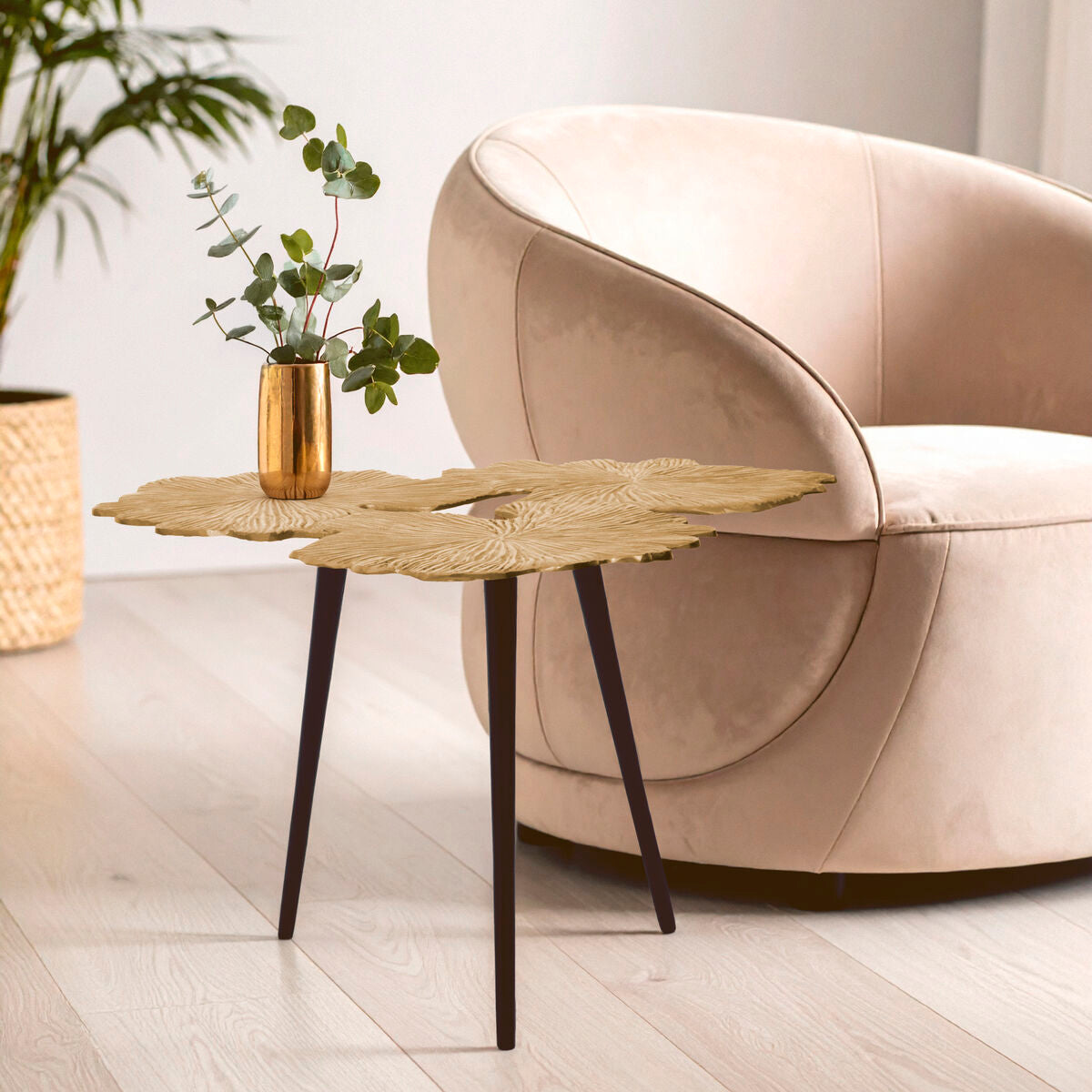 Gold Finish Top Large Aluminium Side Table with Black Metallic Finish Angular Legs, Prato