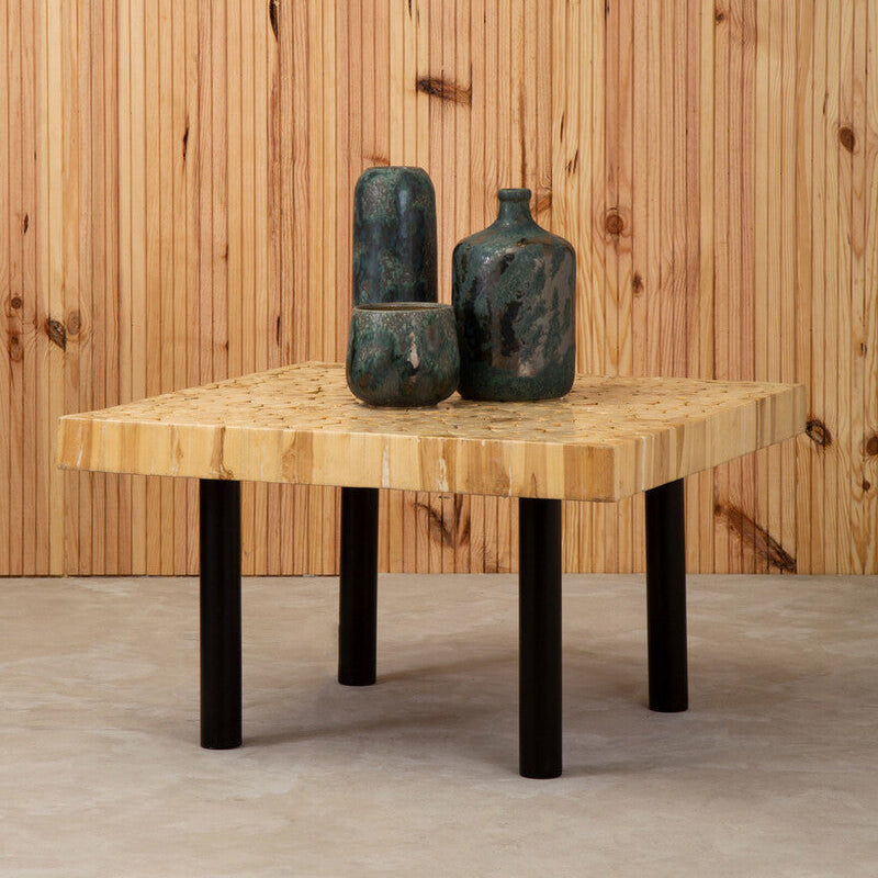 Natural Mosaic Teak Wood Coffee Table with Black Iron Base, Malang