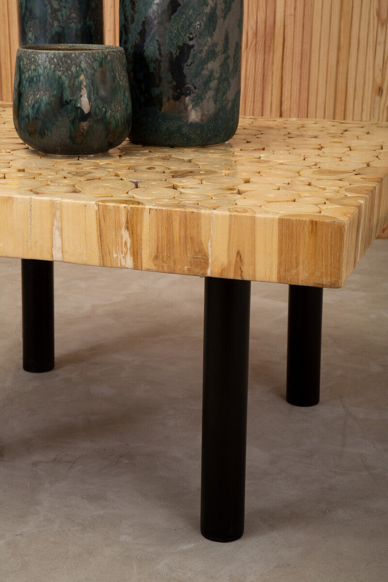 Natural Mosaic Teak Wood Coffee Table with Black Iron Base, Malang