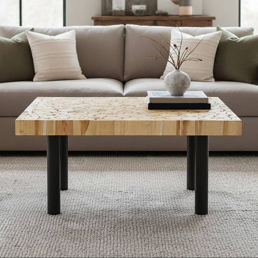 Natural Mosaic Teak Wood Coffee Table with Black Iron Base, Malang