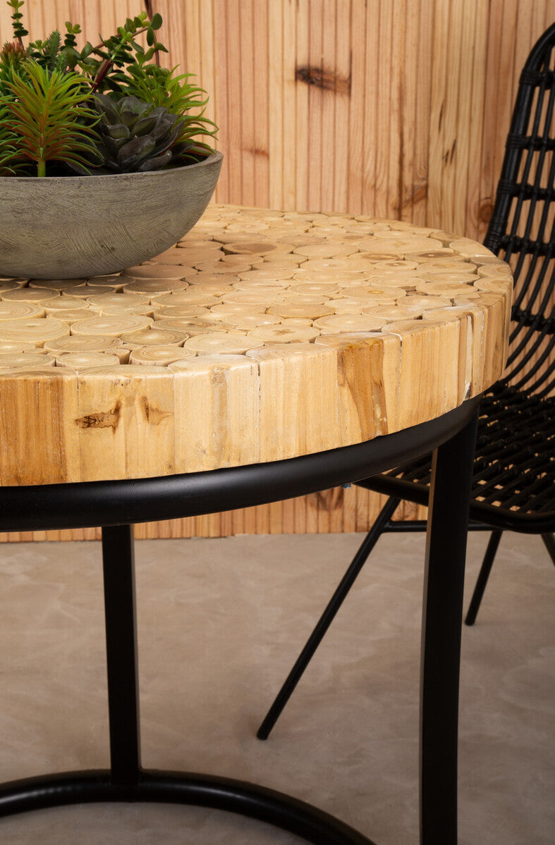 Teak Wood Mosaic Round Top Coffee Table with Black Iron Frame, Malang
