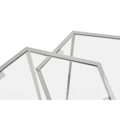 Silver Geometric Steel Side Table with Mirrored Glass Top, Herber