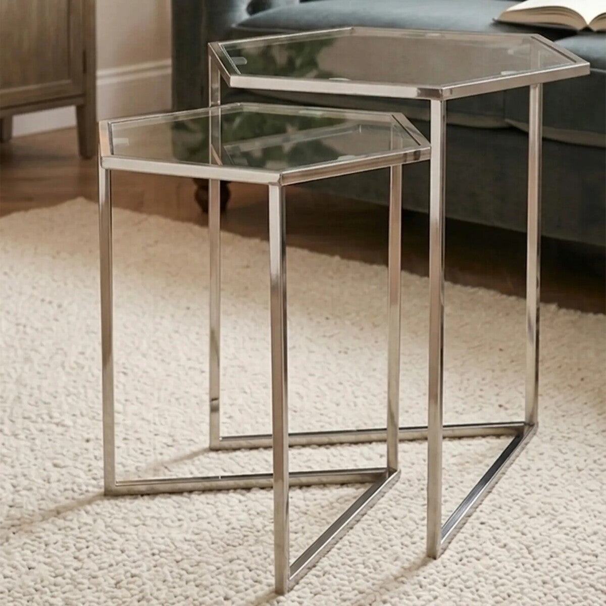 Silver Geometric Steel Side Table with Mirrored Glass Top, Herber