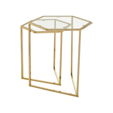 Gold Geometric Stainless Steel Set of 2 Side Table with Mirrored Glass Top, Herber