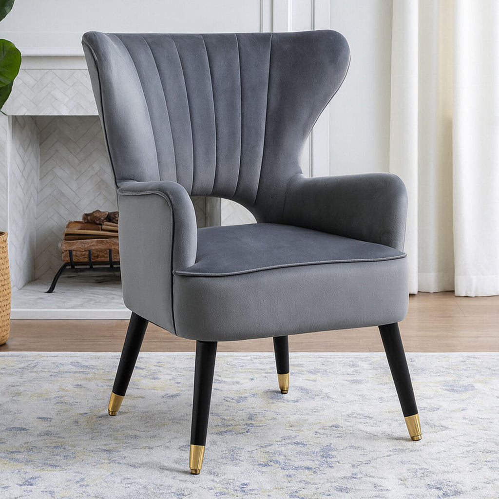 Sloan Grey Velvet Wingback Armchair with Channel Tufting
