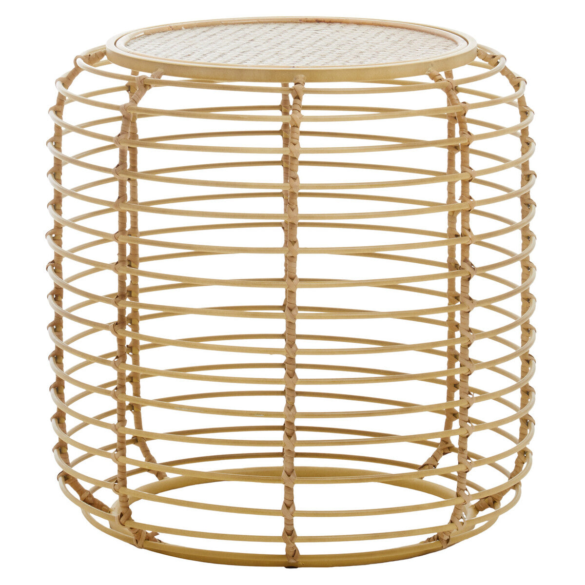 Natural Round Hand Woven Rattan Top Side Table with Gold Finish Cage Base, Trento