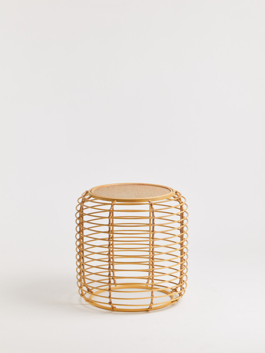 Natural Round Hand Woven Rattan Top Side Table with Gold Finish Cage Base, Trento