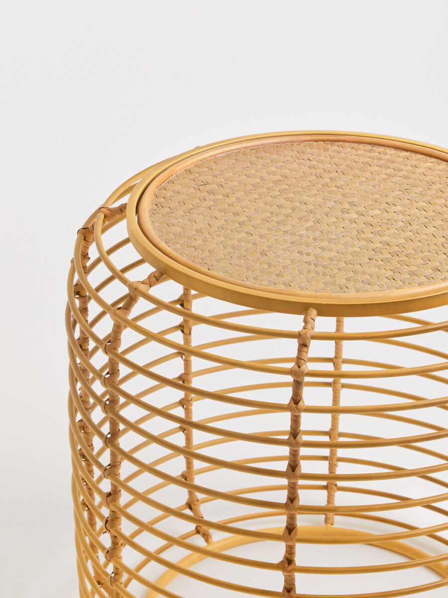 Natural Round Hand Woven Rattan Top Side Table with Gold Finish Cage Base, Trento