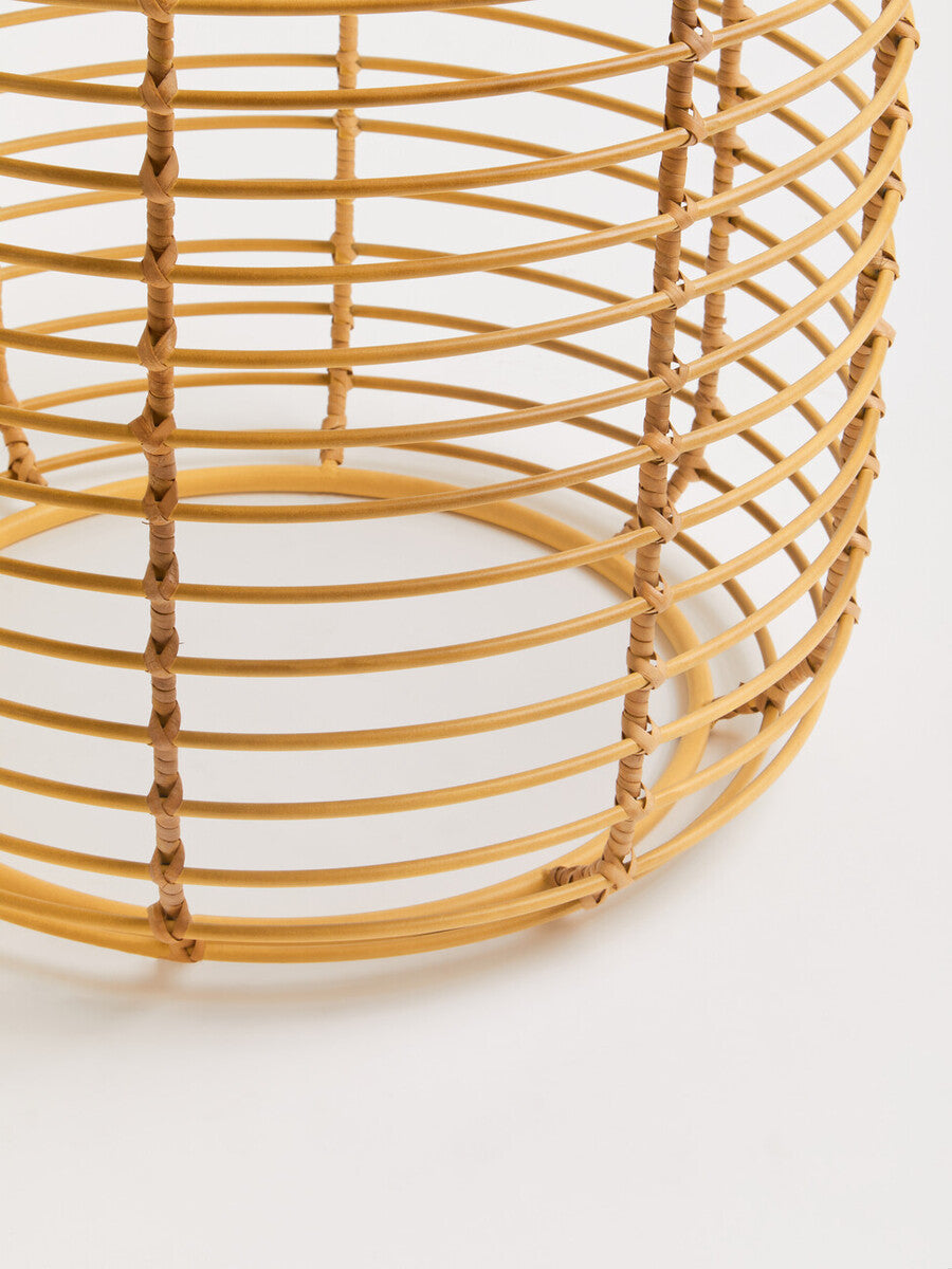 Natural Round Hand Woven Rattan Top Side Table with Gold Finish Cage Base, Trento