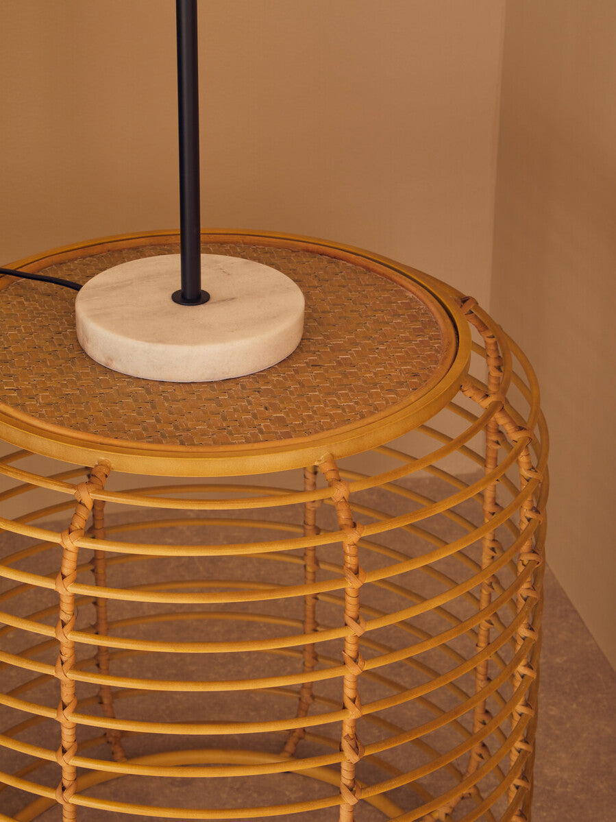 Natural Round Hand Woven Rattan Top Side Table with Gold Finish Cage Base, Trento