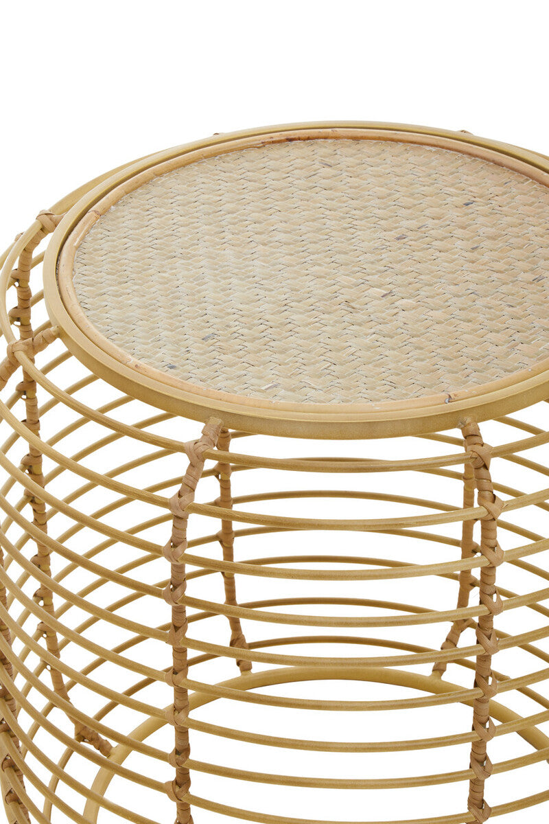 Natural Round Hand Woven Rattan Top Side Table with Gold Finish Cage Base, Trento